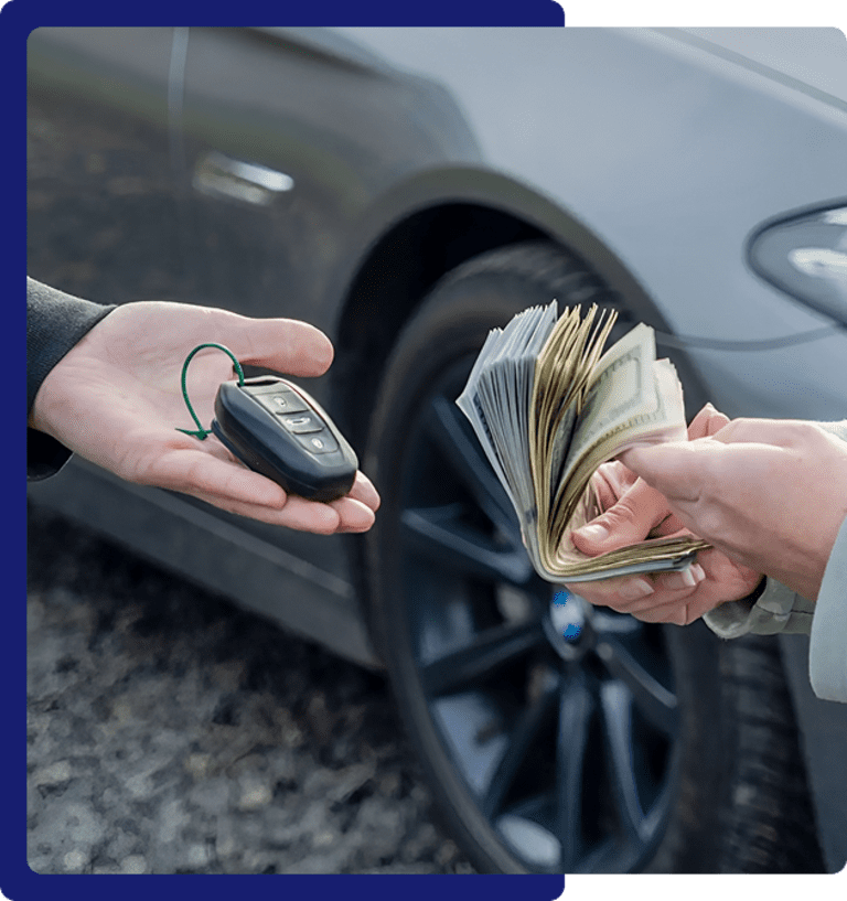 Car key and cash exchange, vehicle background.